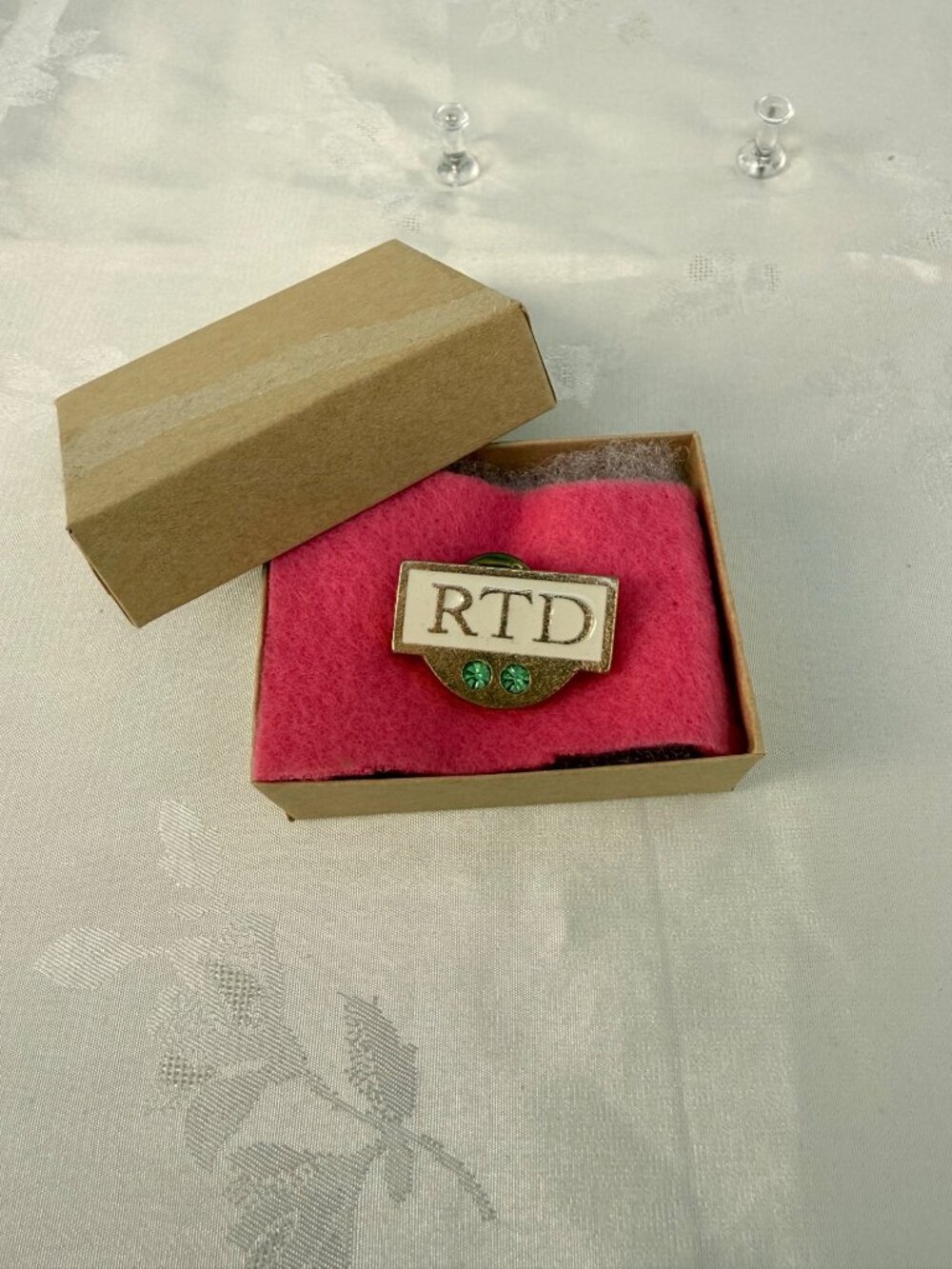 Gold-Tone RTD Lapel Pin With Green Gemstones